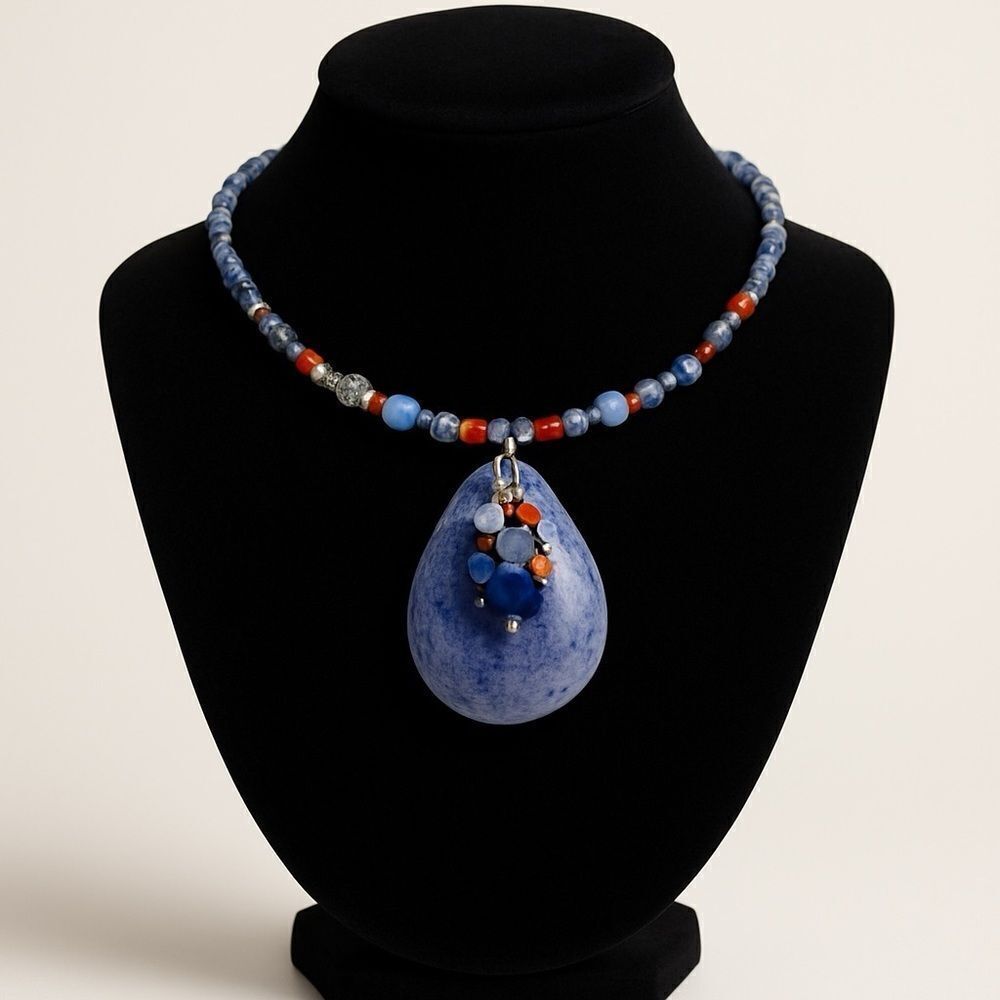 Handcrafted Wired Genuine Sodalite & Gemstone Necklace Handcrafted Hoop Earrings